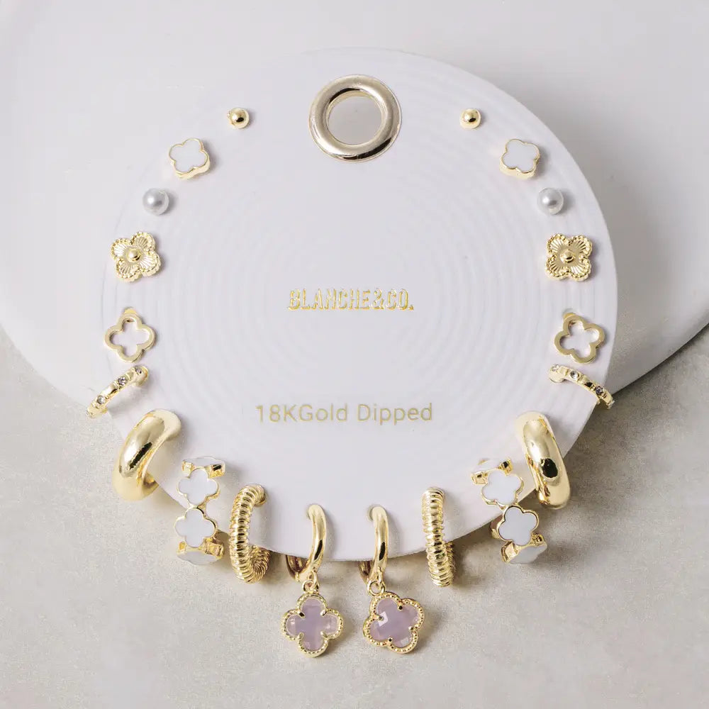 Clover Charm Stud & Hoop Earring Set