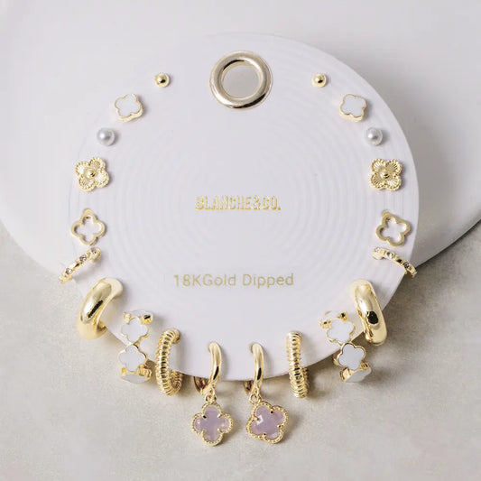 Clover Charm Stud & Hoop Earring Set