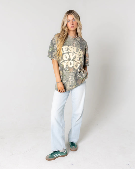 Oversized 'Jesus Loves You' Camo Tee